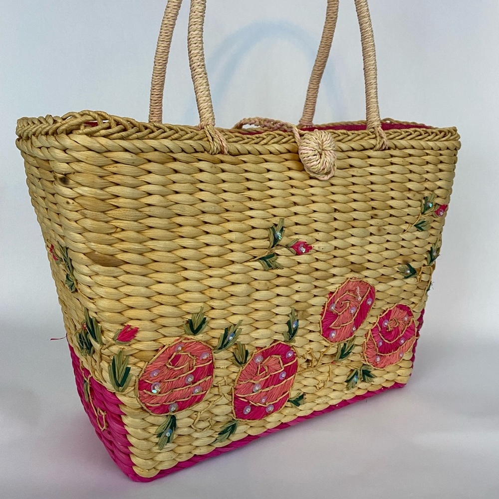 Natural and Pink Lined Straw Basket Tote
